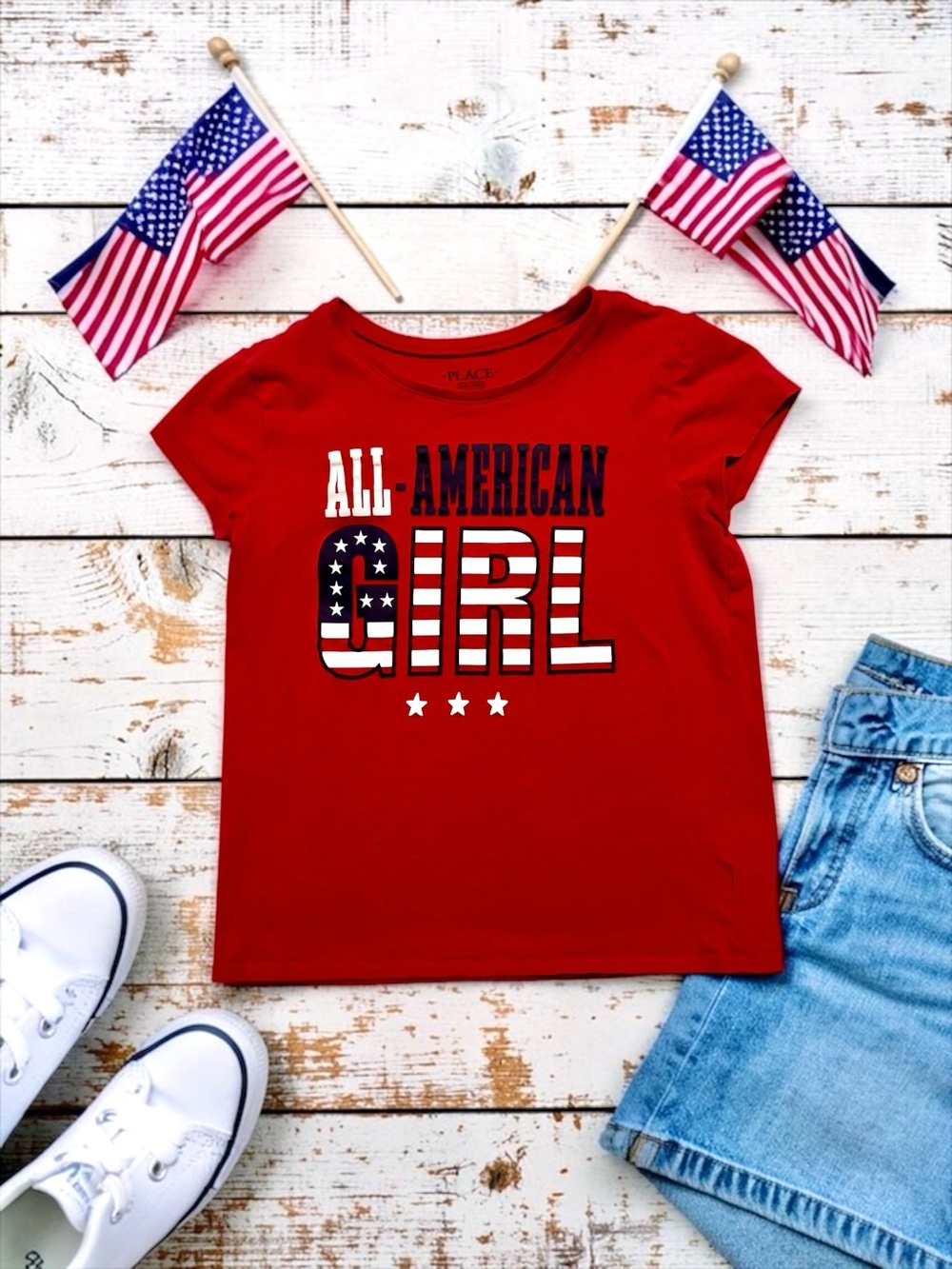 The Children’s Place Girls Red “All American Girl” Patriotic Tee Large 10–12